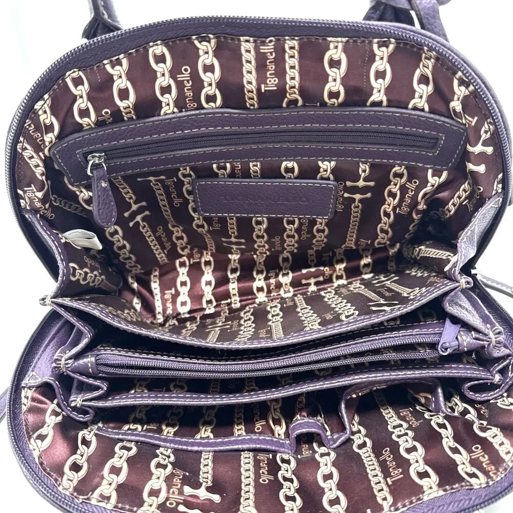 Tignanello Fab Function Dome Satchel Plum Purple Pebbled Leather Crossbody Strap